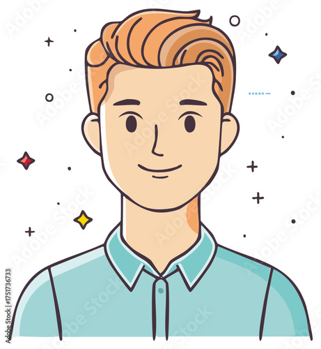 Stylized illustration of a blond man in shirt with geometric elements, good looking and light skin