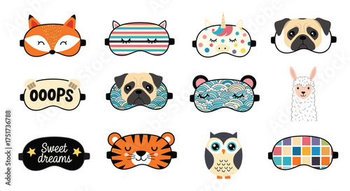 A collection of cute animal themed eye masks for sleeping.