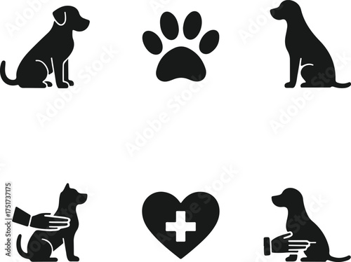 Collection of dog and paw print icons for veterinary and pet services