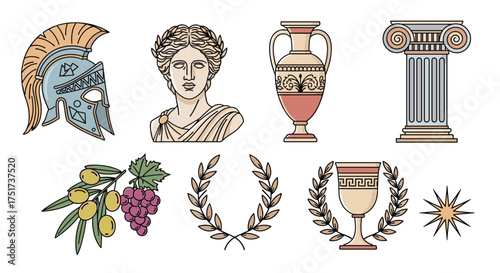 A collection of ancient greek symbols and artifacts.