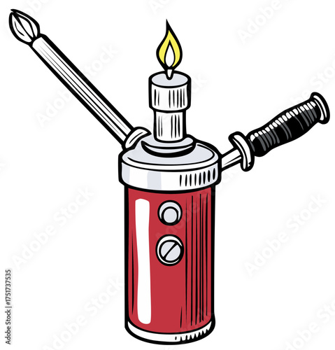 Red Torch with Flame and Handle, Tool for Heating and Lighting