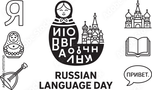 Russian Language Day Vector Collection - Cyrillic Alphabet, Matryoshka, Balalaika, Moscow Cathedral