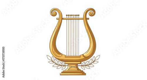Golden lyre with laurel leaves on a white background.
