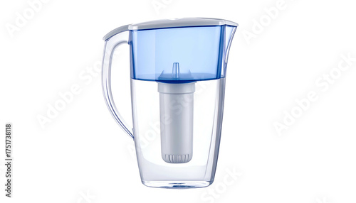 Transparent water pitcher filled, with filter visible in the blue water