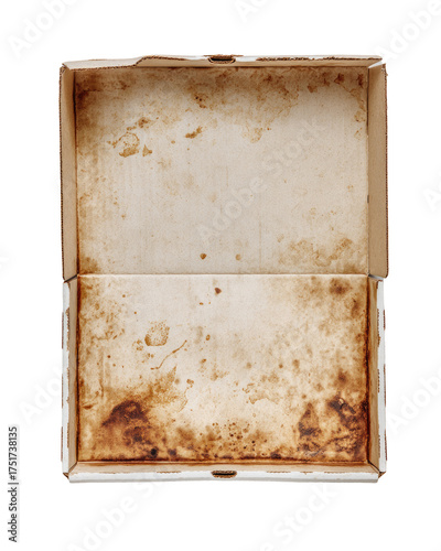 Empty, used pizza box, top view.  Light beige cardboard, stained with brown residue, showing signs of food, and with creases