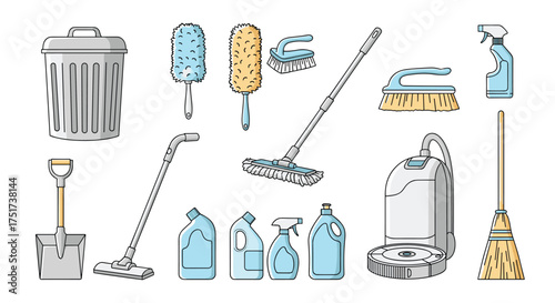 Collection of cleaning supplies and tools for home maintenance.