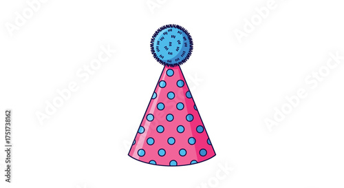 A pink cone shaped party hat with blue polka dots and a fluffy blue pom-pom on top.