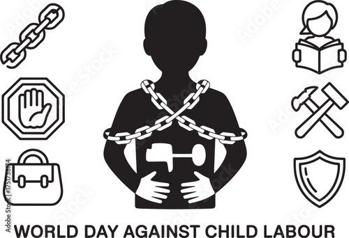 World Day Against Child Labour concept with silhouette of child holding barbell and chains