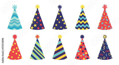 A collection of ten colorful party hats with various patterns and designs.