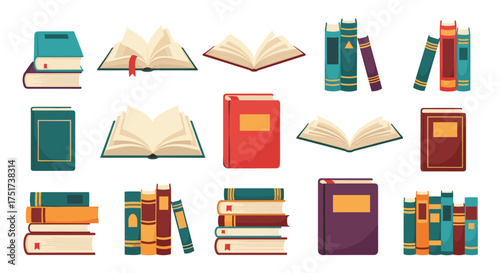 A collection of diverse open and closed books with various covers and sizes.