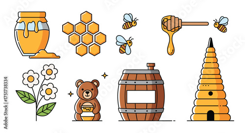 A collection of sweet bee and honey themed illustrations.