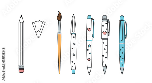 Set of cute stationery items including pens pencils and a brush.