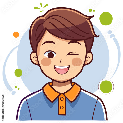 Happy young man cartoon character winking and smiling with a playful and friendly expression.