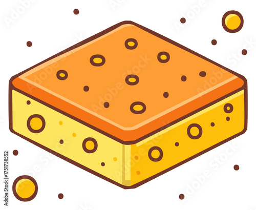 Isometric sponge cake with air bubbles floating around. Vector illustration for menu, background, and design elements.