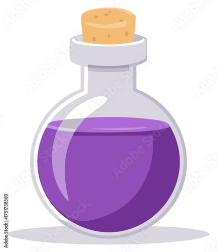 Round glass potion bottle with purple magic liquid and a cork stopper vector illustration