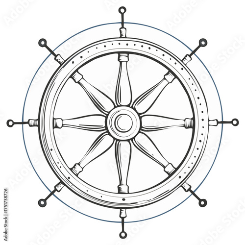 Classic wooden ship helm illustration in a hand drawn sketch style for marine and nautical themes
