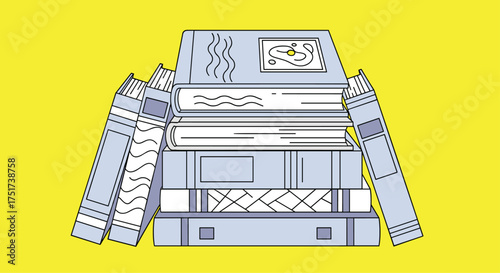 A stack of books on a bright yellow background.