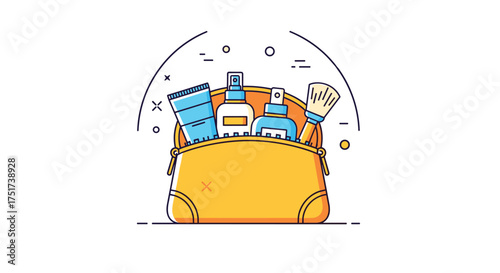 A cosmetic bag filled with various beauty products.