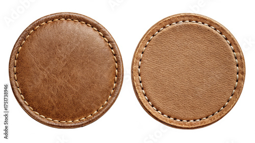 Two brown leather patches with stitching isolated on transparent background