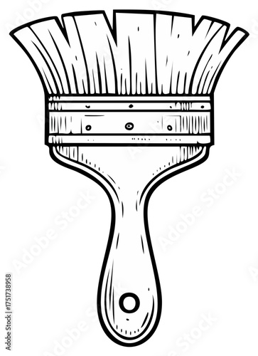 Detailed black and white illustration of a paintbrush, showing bristles and handle for painting or art.