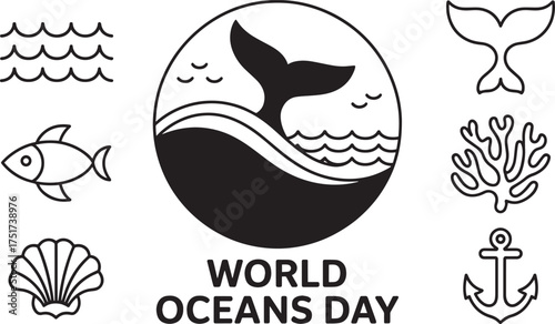 World Oceans Day vector illustration whale tail in wavy water fish seashell coral anchor