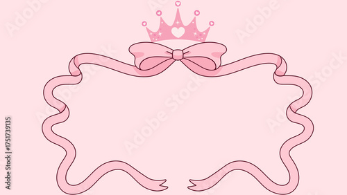Elegant pink background, template with a cute pink ribbon frame with a bow and a princess crown with hearts and copy space for children's design.