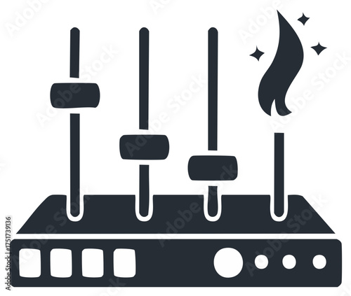 Audio mixer console with sliders and a flame symbol indicating sound intensity