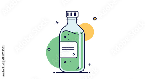 Green liquid in a glass bottle with a label and cap.