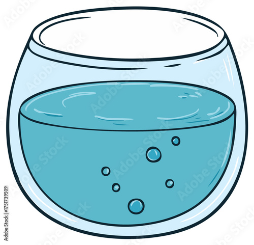 Cartoon illustration of round glass fishbowl with blue water and bubbles, clean design, minimalist style, aquarium concept, refreshing