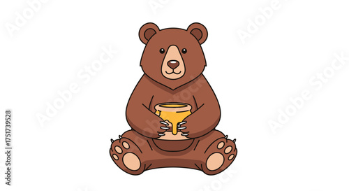 A cartoon bear holding a honey pot. The bear is brown with black eyes and a black nose. It is sitting down and holding a yellow honey pot in its paws. The background is white.