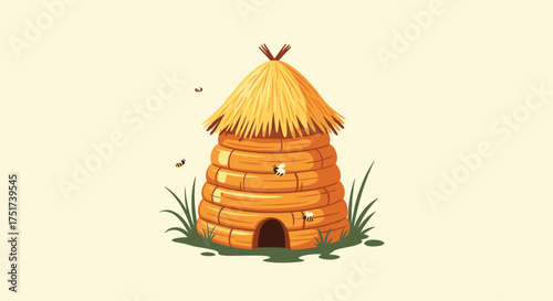 A traditional bee house with a thatched roof stands in a field of grass.