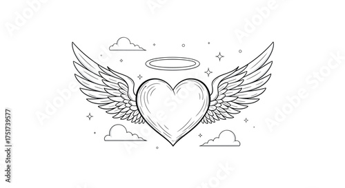 A celestial heart with feathered wings and a radiant halo.