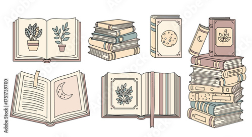 A collection of vintage illustrated books with botanical themes.
