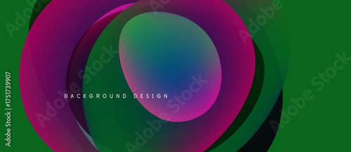 Abstract colorful layers create circular design. Vibrant gradients blend, forming dynamic visual effect. Green background complements composition.