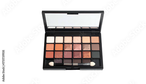Open eyeshadow palette with earthy, neutral tone squares and applicator