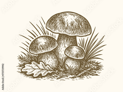 Boletus mushrooms forest engraving vintage style vector illustration