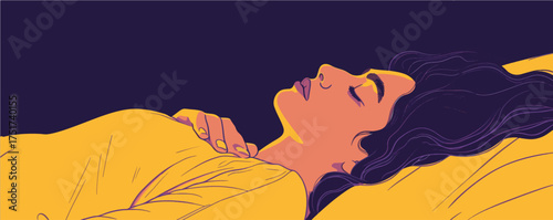 Woman sleeping soundly at night. Minimal simple flat vector style