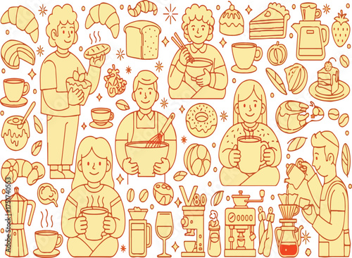 Coffee Shop and Cafe Culture Vector Illustration Set with People, Baked Goods, and Equipment