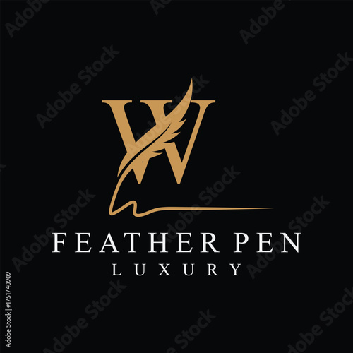 Initial letter w feather pen logo design, serif font graphic icon vector, golden color symbol concept 