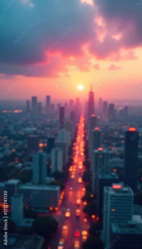 Obraz premium Ambitious Cityscape Blurred City Reaching for a Bright Horizon, conveying aspiration, journey, and future possibilities. Ideal for concepts of ambition, progress, and dreams.