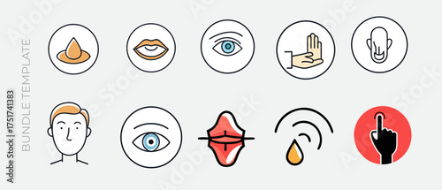 Human senses icon set. Vision eye, smell nose, hearing ear, touch hand, taste mouth with tongue. Simple line icons in circle. Five senses of human nervous system. set of five senses icon.