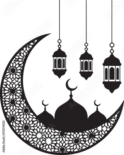 Islamic crescent moon mosque lanterns silhouette festive ramadan eid mubarak celebration religious symbols graphic design art vector