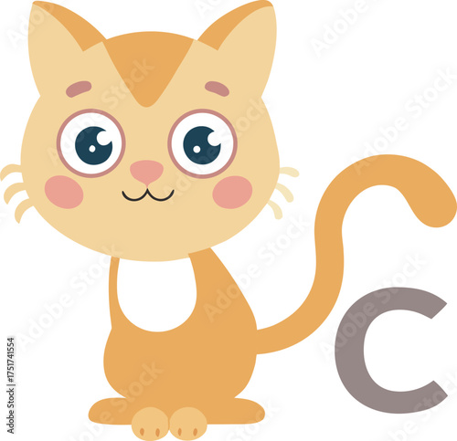 Cute cartoon orange cat character with letter c
