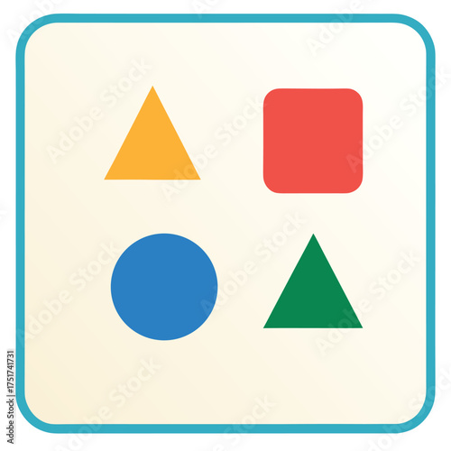 Four colorful geometric shapes on a light background
