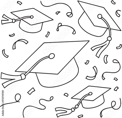 Joyful graduation celebration with falling confetti and tassel topped caps dynamic composition simple outline art representing academic achievement and success vector