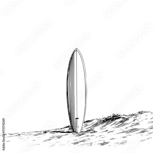 A surfboard standing upright on a sandy beach with waves in a black and white sketch illustration