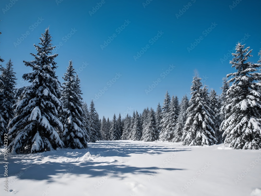 Obraz premium A wide, atmospheric shot of a snow-covered pine forest under a clear blue winter sky. Fresh snow, deep shadows, and cold, crisp air.