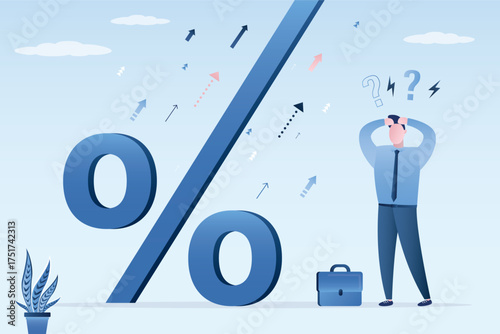 Shocked businessman or customer sees higher inflation or high interest rates. Percent sign growing in sky with rising arrow. Size of bank rate on loans.