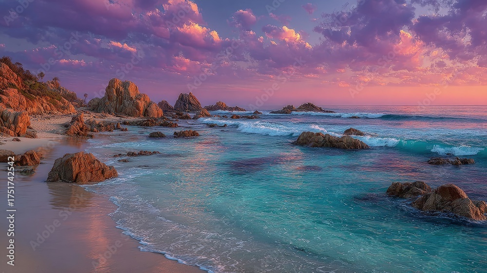 © elenaed - Misty ocean scenic landscape at dawn soft pastel hues blending with gentle waves rolling onto a secluded rocky shore