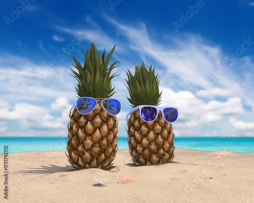 Two cheerful pineapples wearing sunglasses standing on a tropical beach with a bright blue sky, symbolizing summer vacation, 3d render.